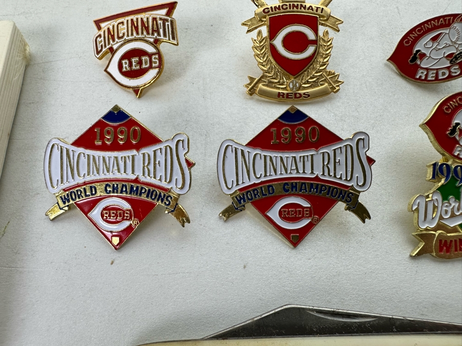 Pete Rose Baseball Collectibles Including Pocket Knife, Various Pins, Watch, Unopened Pete Rose Pepsi Playing Cards, Lou Piniella Cincinnati Reds Playing Cards, Button And More - See Photos [Photo 6]