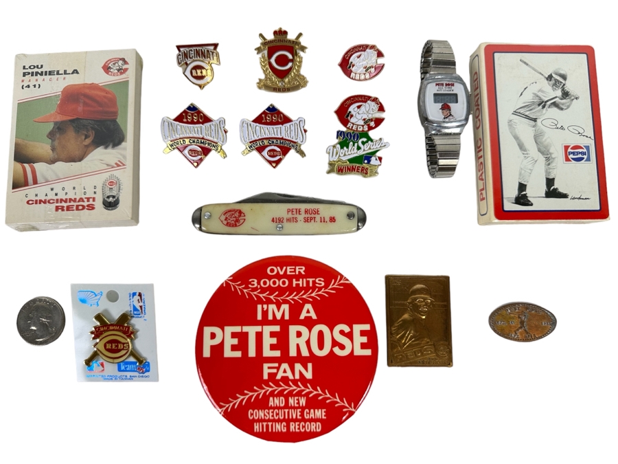 Pete Rose Baseball Collectibles Including Pocket Knife, Various Pins, Watch, Unopened Pete Rose Pepsi Playing Cards, Lou Piniella Cincinnati Reds Playing Cards, Button And More - See Photos