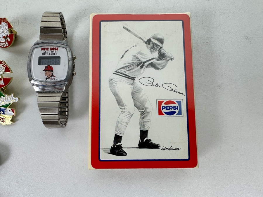 Pete Rose Baseball Collectibles Including Pocket Knife, Various Pins, Watch, Unopened Pete Rose Pepsi Playing Cards, Lou Piniella Cincinnati Reds Playing Cards, Button And More - See Photos [Photo 10]