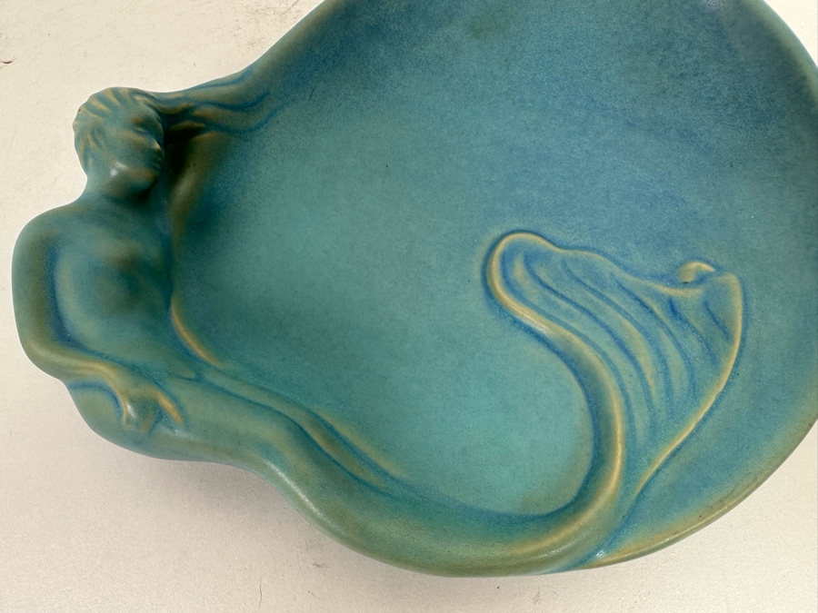 Vintage Van Briggle Art Pottery Mermaid Lorelie Blue Trinket Dish Bowl Colorado Springs, CO V3 G.P. 10.5W X 8.5D X 2H [Photo 6]