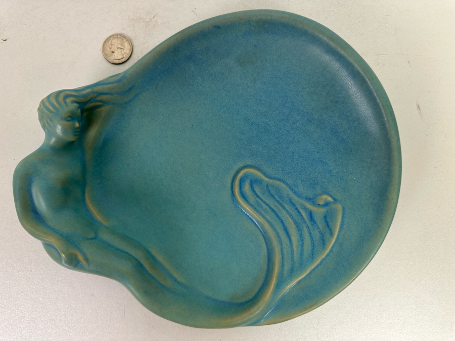 Vintage Van Briggle Art Pottery Mermaid Lorelie Blue Trinket Dish Bowl Colorado Springs, CO V3 G.P. 10.5W X 8.5D X 2H [Photo 3]