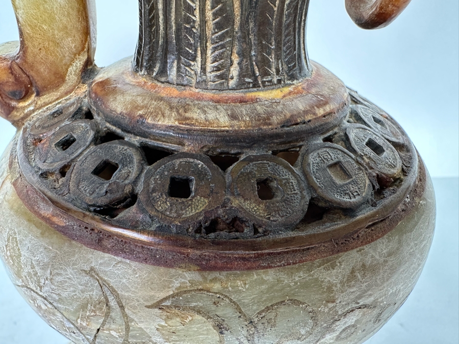 Vintage Chinese Signed Carved Stone And Metal Dragon Handle Vase 11.5H [Photo 10]