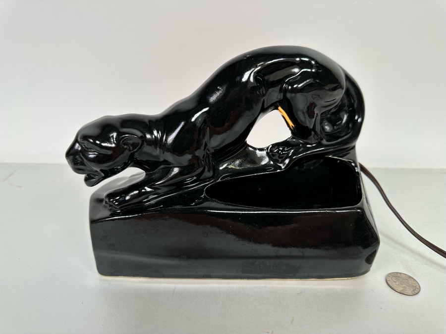 Vintage Mid-Century Modern Black Ceramic Panther Planter Lamp 8W X 4D X 6.5H [Photo 7]