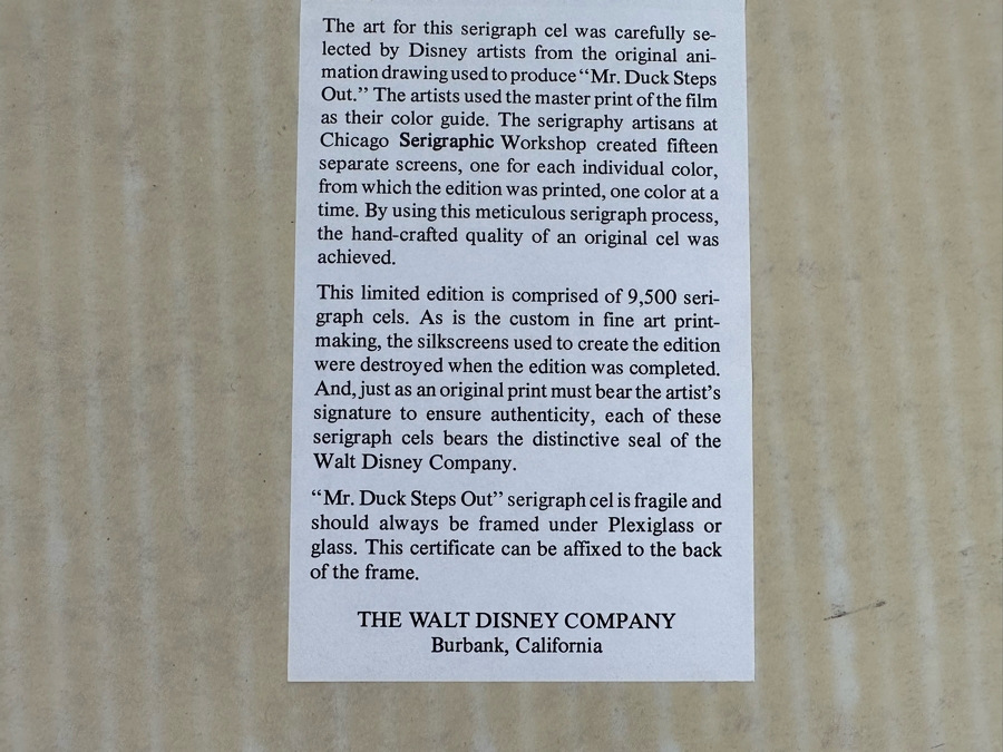 Walt Disney Limited Edition Serigraph Cel From Original 'Mr. Duck Steps Out' Donald Duck Limited To 9,500 13.5 X 9.5 Framed 21 X 17 [Photo 9]
