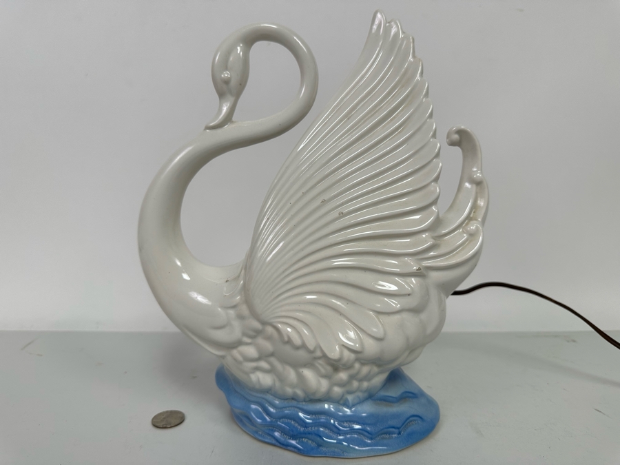 Vintage 1950s Maddux Of California Ceramic White Swan Planter And Lamp 9W X 5D X 12H [Photo 3]