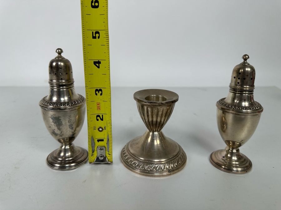 Pair Of Weighted Sterling Silver Pepper Shakers (Different Makers) 4.5H And Weight Sterling Silver Candle Holder [Photo 8]