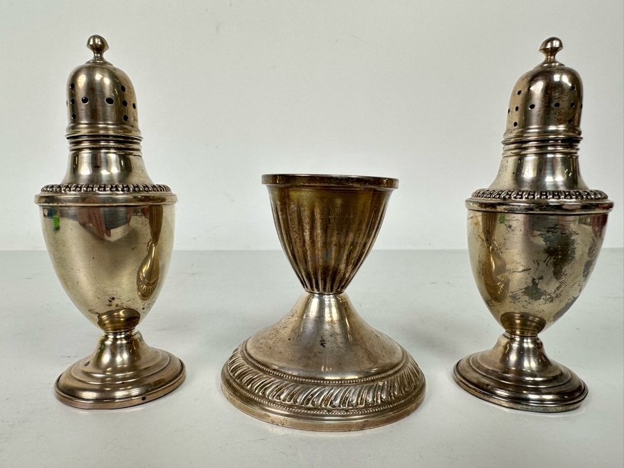 Pair Of Weighted Sterling Silver Pepper Shakers (Different Makers) 4.5H And Weight Sterling Silver Candle Holder [Photo 2]