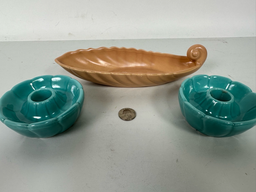 Vintage Franciscan Ware Pottery Bowl 9.5L And Pair Of Mid-Century Pottery Candle Holders [Photo 2]
