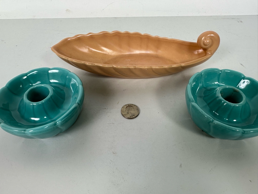 Vintage Franciscan Ware Pottery Bowl 9.5L And Pair Of Mid-Century Pottery Candle Holders [Photo 3]