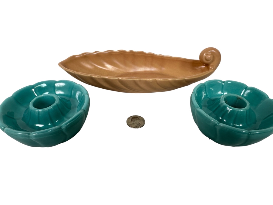 Vintage Franciscan Ware Pottery Bowl 9.5L And Pair Of Mid-Century Pottery Candle Holders [Photo 1]