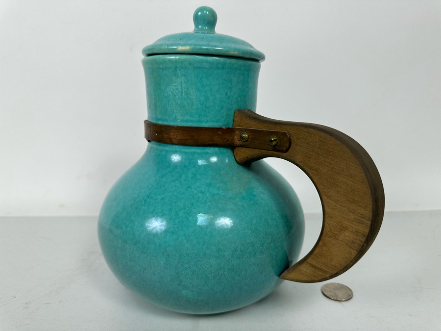 Vintage Mid Century Modern Light Blue Pottery Pitcher With Wooden