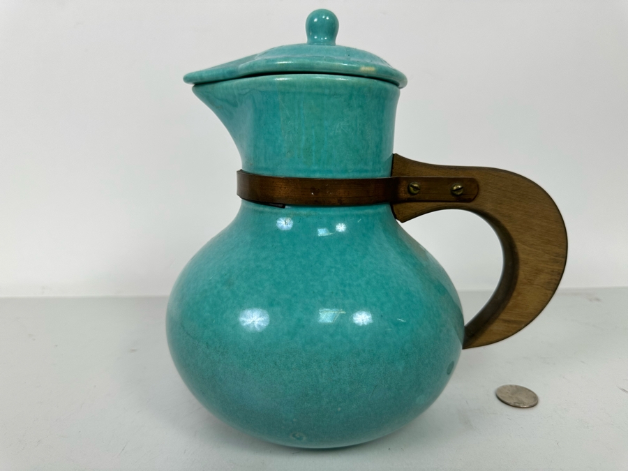 Vintage Mid Century Modern Light Blue Pottery Pitcher With Wooden