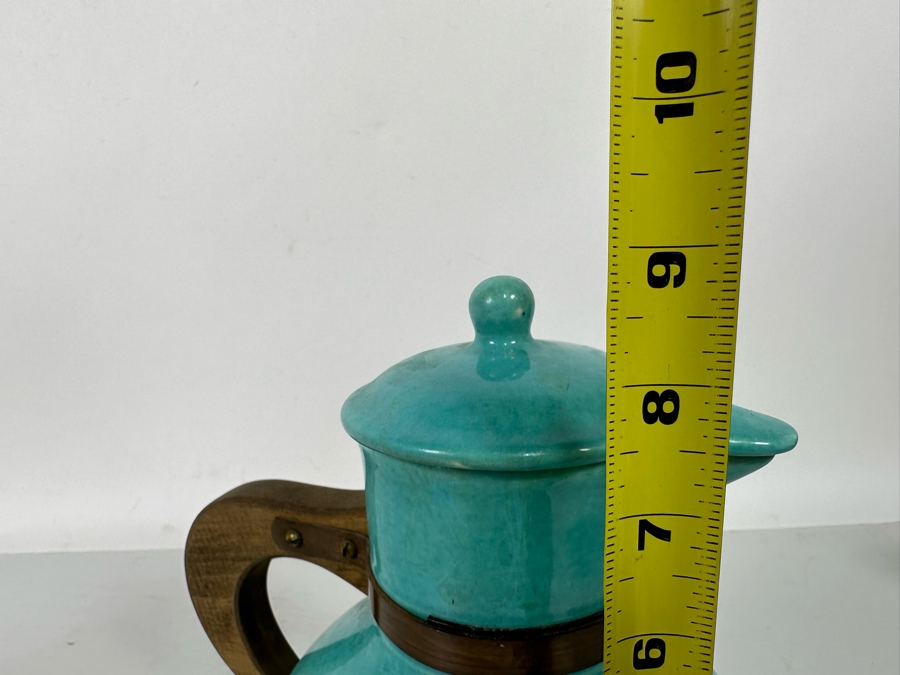 Vintage Mid Century Modern Light Blue Pottery Pitcher With Wooden