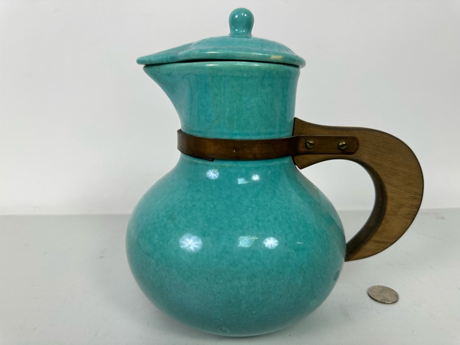 Vintage Mid-Century Modern Light Blue Pottery Pitcher With Wooden Handle And Lid Unmarked 8.5H [Photo 2]
