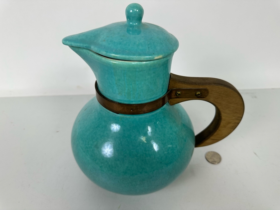 Vintage Mid-Century Modern Light Blue Pottery Pitcher With Wooden Handle And Lid Unmarked 8.5H [Photo 4]