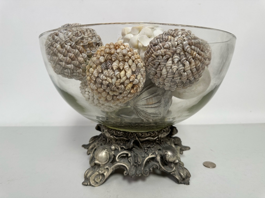 Centerpiece Bowl With Silverplate Stand Filled With Organic Shell Spheres Balls 13R X 9H [Photo 3]