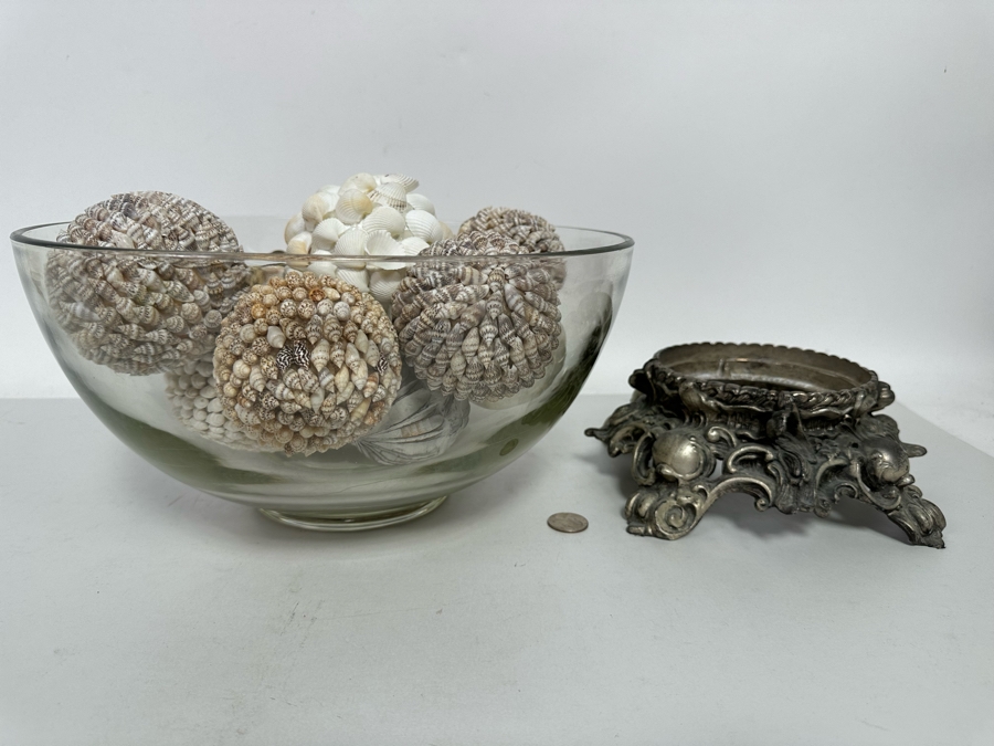 Centerpiece Bowl With Silverplate Stand Filled With Organic Shell Spheres Balls 13R X 9H [Photo 9]