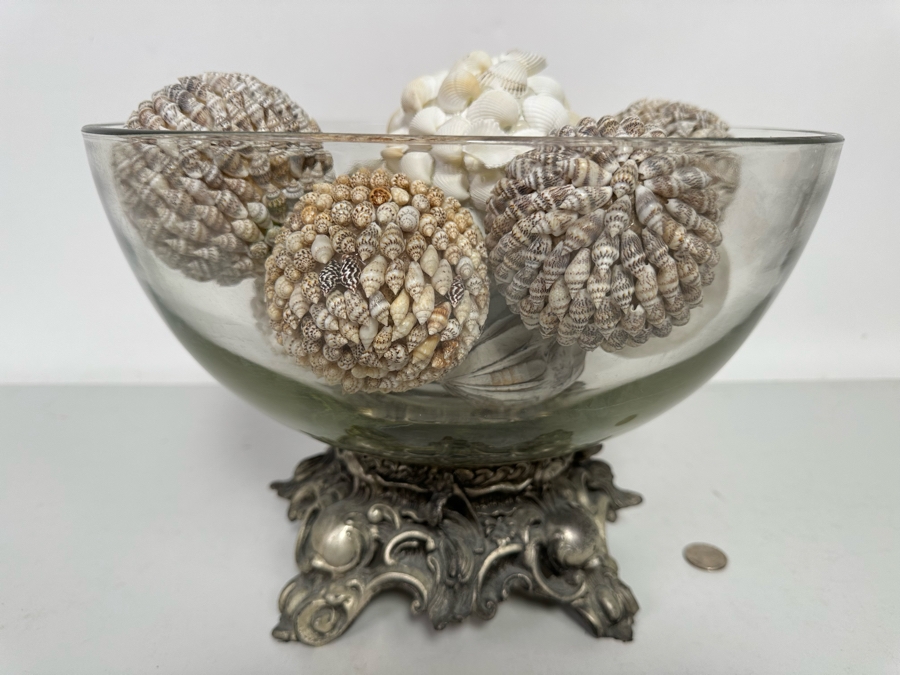 Centerpiece Bowl With Silverplate Stand Filled With Organic Shell Spheres Balls 13R X 9H [Photo 2]