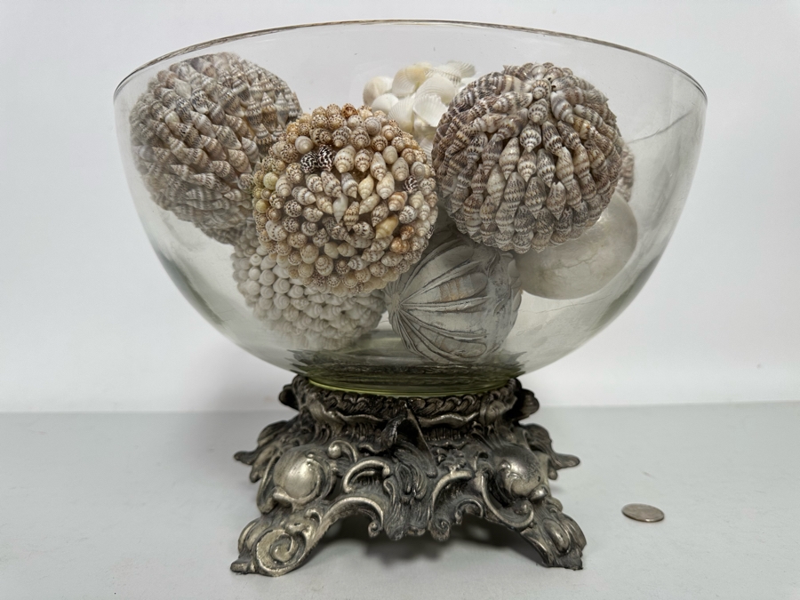 Centerpiece Bowl With Silverplate Stand Filled With Organic Shell Spheres Balls 13R X 9H [Photo 4]