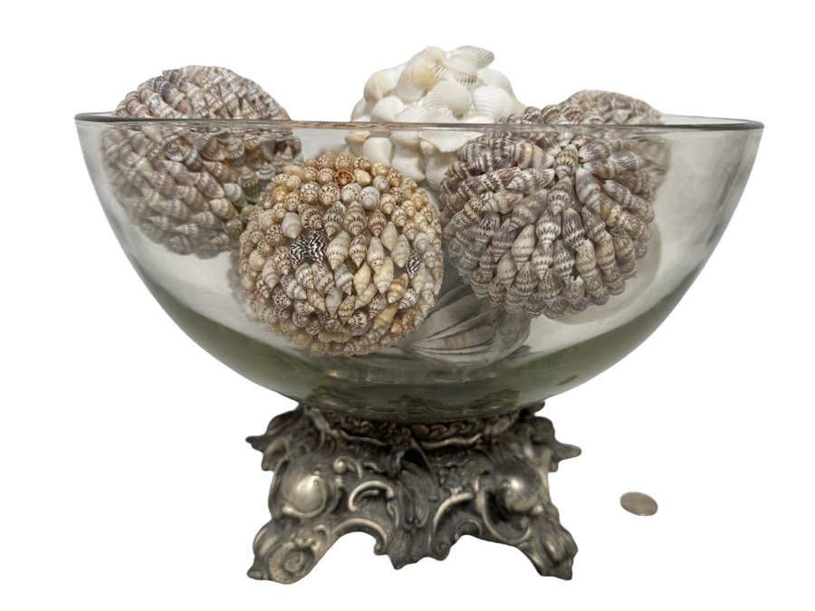 Centerpiece Bowl With Silverplate Stand Filled With Organic Shell Spheres Balls 13R X 9H [Photo 1]
