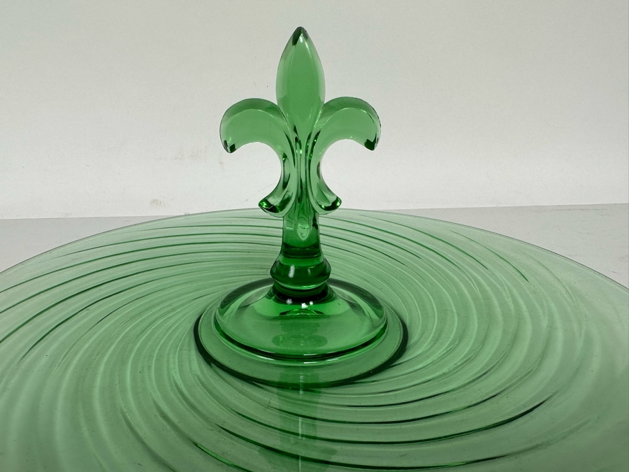 Vintage Fostoria Uranium Glass Tray Green Fleur De Lis Handle 11.5W [Photo 5]