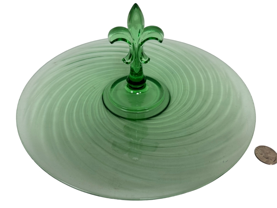 Vintage Fostoria Uranium Glass Tray Green Fleur De Lis Handle 11.5W [Photo 1]