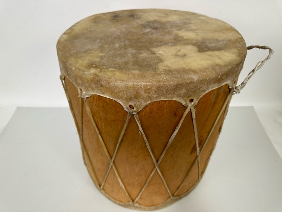 Large Vintage Native American Hide Covered Tom Tom Drum With Wooden Body 16W X 16.5H [Photo 5]