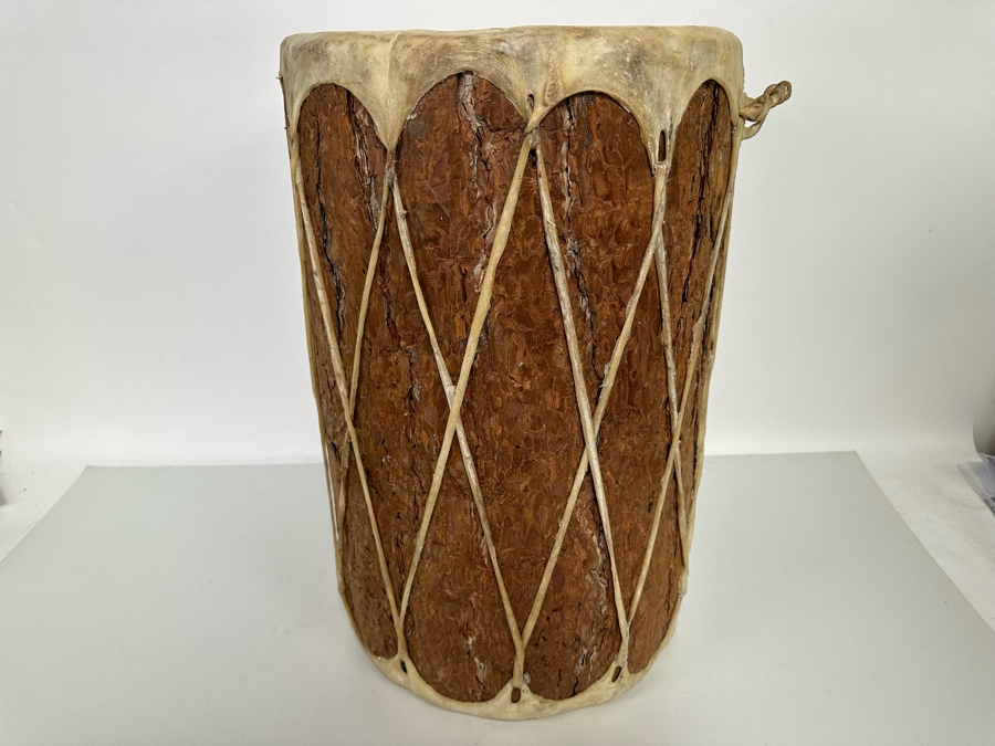Large Vintage Native American Hide Covered Tom Tom Drum With Wooden Body 13W X 20H [Photo 5]