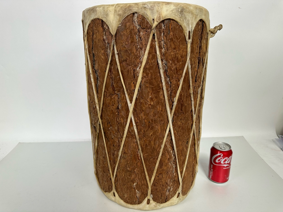 Large Vintage Native American Hide Covered Tom Tom Drum With Wooden Body 13W X 20H [Photo 3]