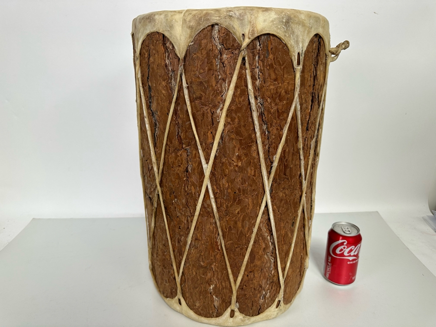 Large Vintage Native American Hide Covered Tom Tom Drum With Wooden Body 13W X 20H [Photo 2]