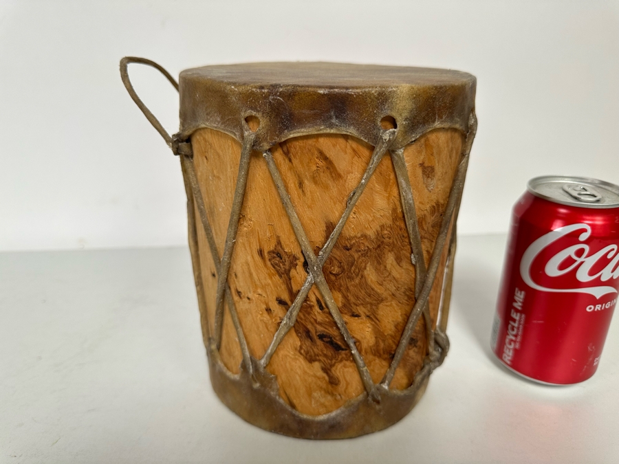 Small Vintage Native American Hide Covered Tom Tom Drum With Wooden Body 6W X 7.5H [Photo 4]