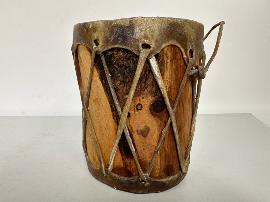 Small Vintage Native American Hide Covered Tom Tom Drum With Wooden Body 6W X 7.5H [Photo 6]