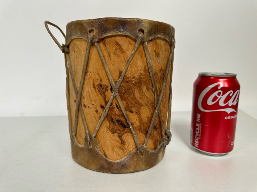 Small Vintage Native American Hide Covered Tom Tom Drum With Wooden Body 6W X 7.5H [Photo 2]