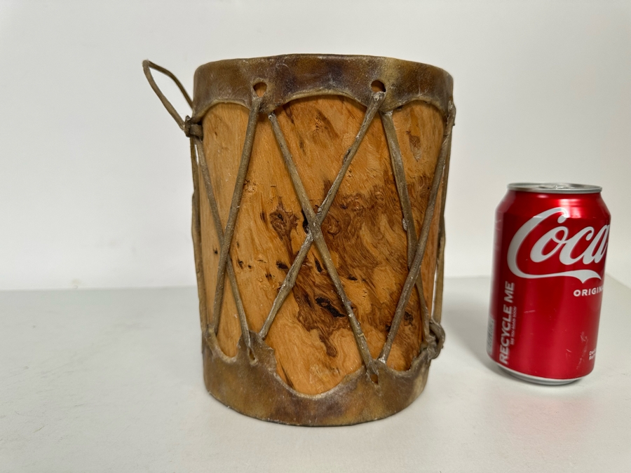 Small Vintage Native American Hide Covered Tom Tom Drum With Wooden Body 6W X 7.5H [Photo 3]