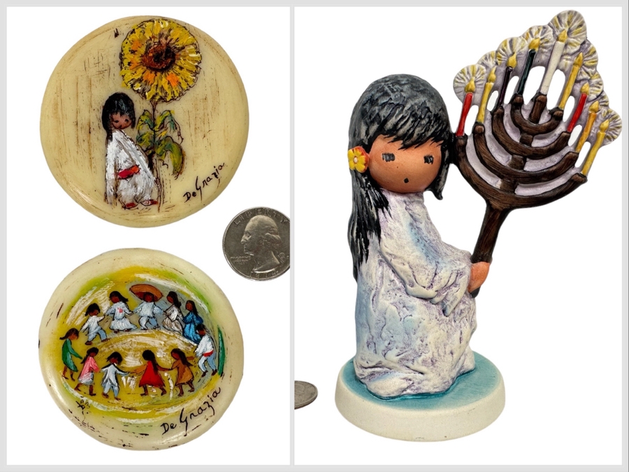 Pair Of Vintage Ted De Grazia Hand Painted Resin Pendants And Vintage 1985 De Grazia Goebel Figurine 5.5H