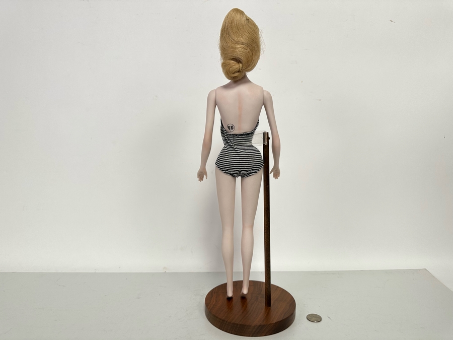 Rare Limited Edition Porcelain Barbie Doll Originally Sold For $550 Each In 1980 By Margaret Marschang And Patricia Wilson 18H Numbered 5 Of 1,000 Modelled After The 1959 Swimsuit Blonde Ponytail Barbie With Wooden Stand [Photo 10]