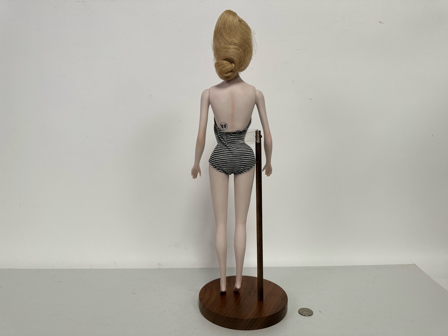 Rare Limited Edition Porcelain Barbie Doll Originally Sold For $550 Each In 1980 By Margaret Marschang And Patricia Wilson 18H Numbered 5 Of 1,000 Modelled After The 1959 Swimsuit Blonde Ponytail Barbie With Wooden Stand [Photo 9]