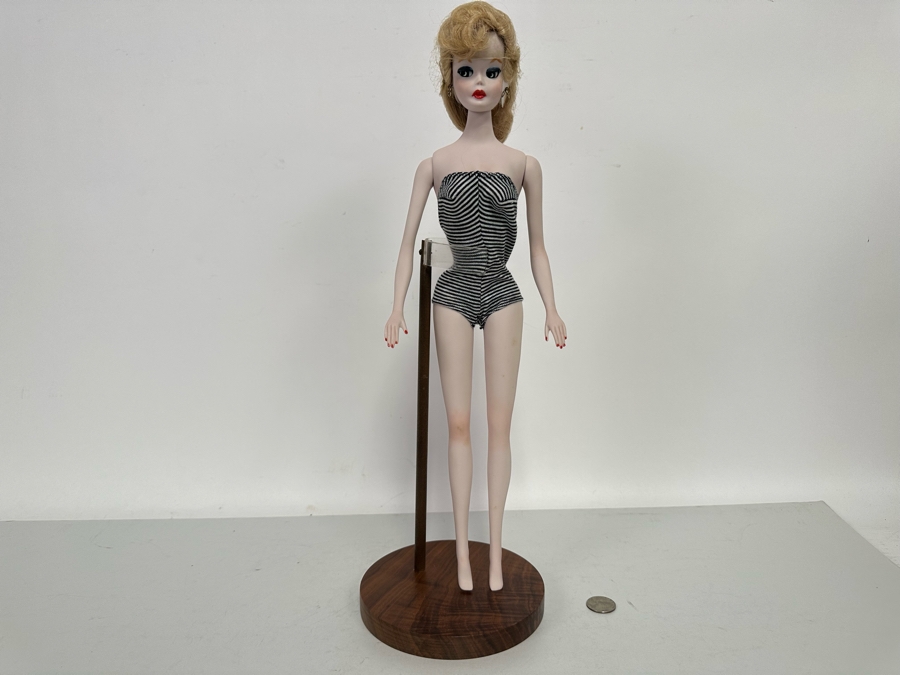 Rare Limited Edition Porcelain Barbie Doll Originally Sold For $550 Each In 1980 By Margaret Marschang And Patricia Wilson 18H Numbered 5 Of 1,000 Modelled After The 1959 Swimsuit Blonde Ponytail Barbie With Wooden Stand [Photo 3]