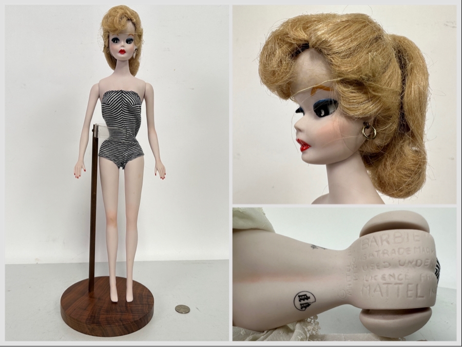 Rare Limited Edition Porcelain Barbie Doll Originally Sold For $550 Each In 1980 By Margaret Marschang And Patricia Wilson 18H Numbered 5 Of 1,000 Modelled After The 1959 Swimsuit Blonde Ponytail Barbie With Wooden Stand