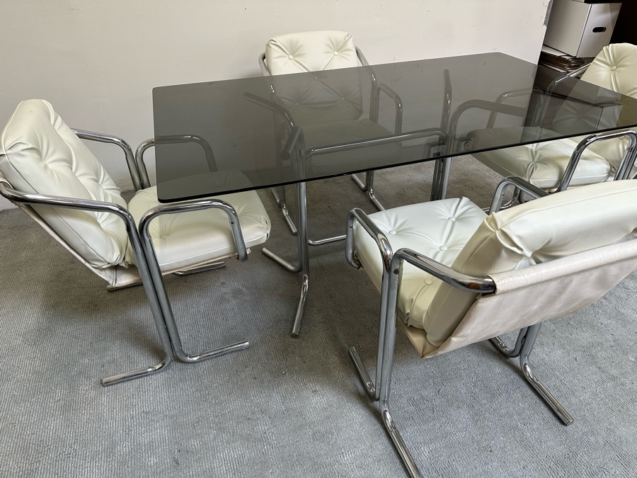 Vintage 1960s Chrome-Plated Tubular Steel Smoked Glass Dining Table 60W X 36D X 28.5H With Four White Leatherette Chairs [Photo 6]