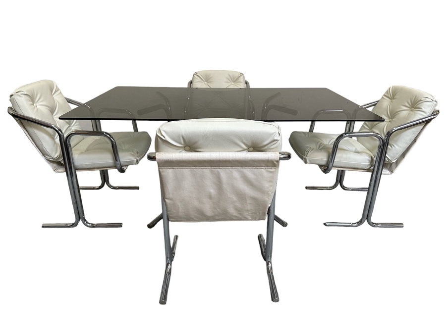 Vintage 1960s Chrome-Plated Tubular Steel Smoked Glass Dining Table 60W X 36D X 28.5H With Four White Leatherette Chairs