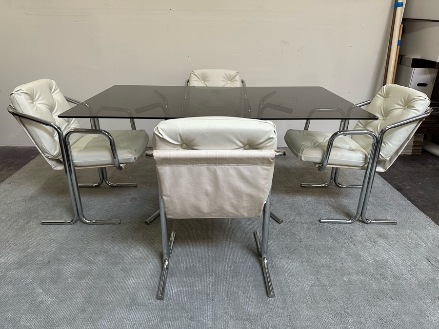 Vintage 1960s Chrome-Plated Tubular Steel Smoked Glass Dining Table 60W X 36D X 28.5H With Four White Leatherette Chairs [Photo 2]