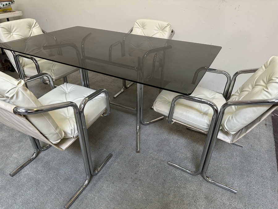 Vintage 1960s Chrome-Plated Tubular Steel Smoked Glass Dining Table 60W X 36D X 28.5H With Four White Leatherette Chairs [Photo 8]