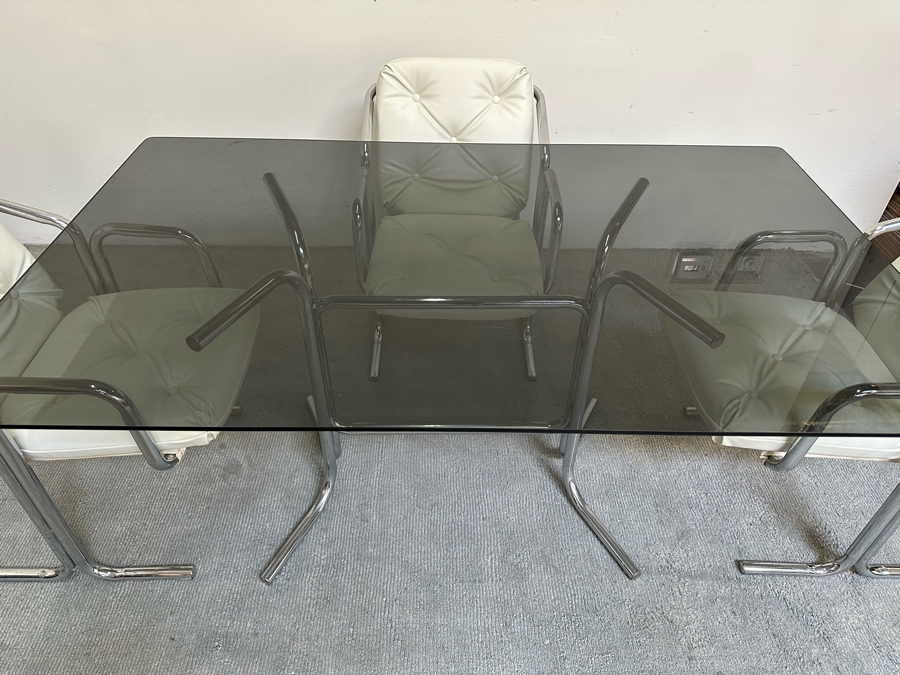 Vintage 1960s Chrome-Plated Tubular Steel Smoked Glass Dining Table 60W X 36D X 28.5H With Four White Leatherette Chairs [Photo 10]