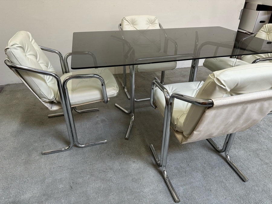 Vintage 1960s Chrome-Plated Tubular Steel Smoked Glass Dining Table 60W X 36D X 28.5H With Four White Leatherette Chairs [Photo 5]