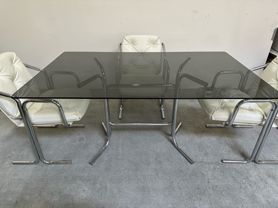 Vintage 1960s Chrome-Plated Tubular Steel Smoked Glass Dining Table 60W X 36D X 28.5H With Four White Leatherette Chairs [Photo 11]