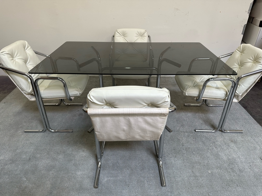 Vintage 1960s Chrome-Plated Tubular Steel Smoked Glass Dining Table 60W X 36D X 28.5H With Four White Leatherette Chairs [Photo 4]