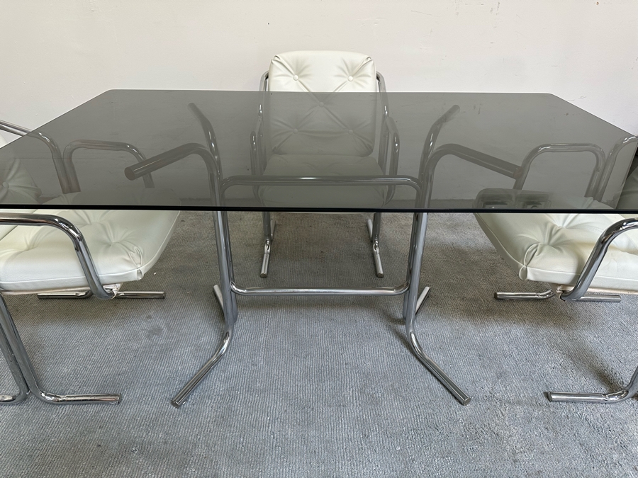 Vintage 1960s Chrome-Plated Tubular Steel Smoked Glass Dining Table 60W X 36D X 28.5H With Four White Leatherette Chairs [Photo 9]