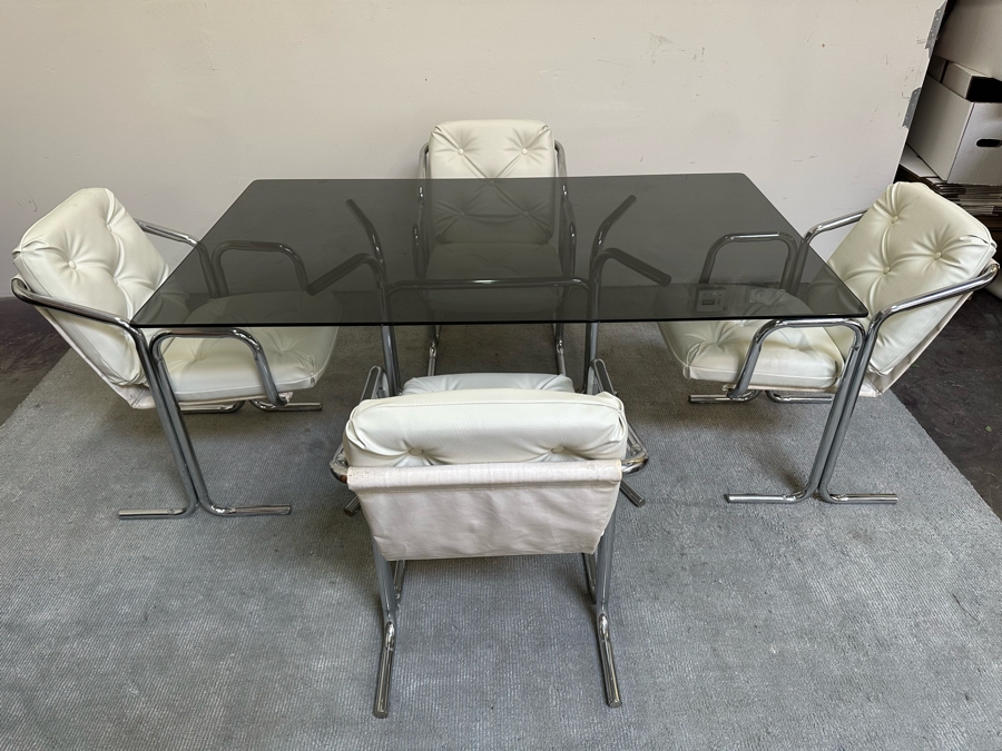 Vintage 1960s Chrome-Plated Tubular Steel Smoked Glass Dining Table 60W X 36D X 28.5H With Four White Leatherette Chairs [Photo 3]