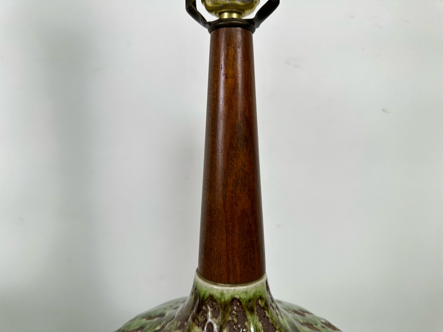 Pair Of Stunning Mid-Century Modern Brutalist Pottery Table Lamps With Metal Base And Tapered Wooden Tops No Shades 24H [Photo 7]